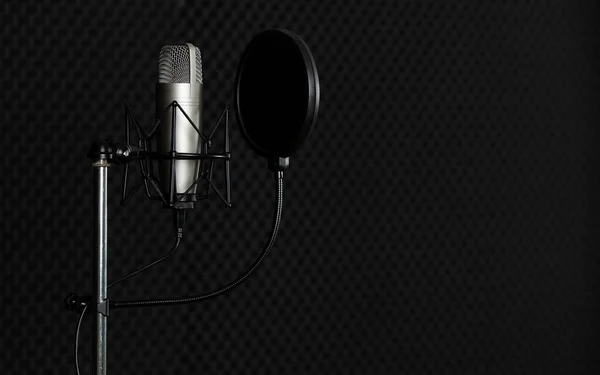 Állítsa Kondenzátor Mikrofon Pop Szűrő Sötét Hangrögzítő Stúdió — Stock Fotó