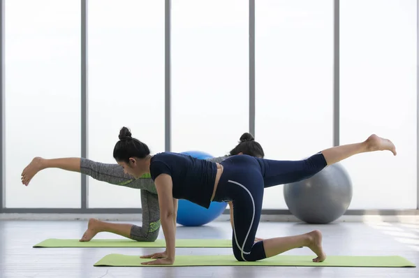 Fokus Sidan Vuxna Asiatiska Kvinna Bär Blå Sport Kostym Krypa — Stockfoto