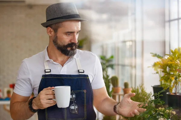 A beautiful bearded man wearing hat holding a coffee cup and walk in his indoor home garden in the morning with the mist from the windows.