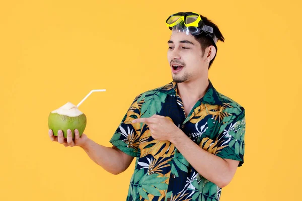 Joyful Young Asian Man Holds Fresh Young Coconut His Hands — Stock Photo, Image