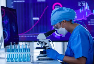 Koruyucu hijyen maskesi takan araştırmacı ya da bilim adamı laboratuarda mikroskop ve test tüpleri üzerinde çalışıyor..