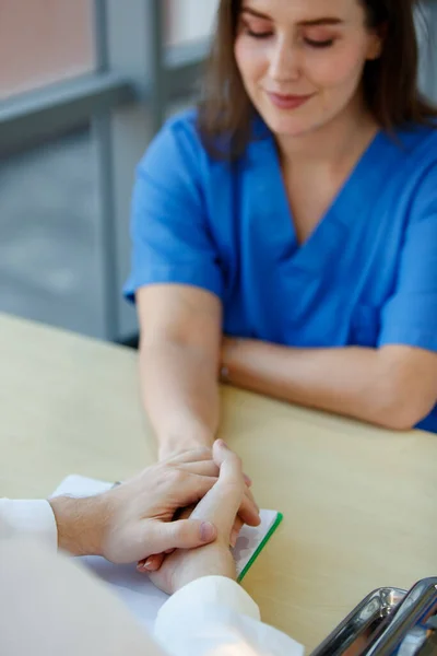 Caucasian Doctor Holding Lady Patient Hand Support Encouragement Shoot Photo — Stock Photo, Image
