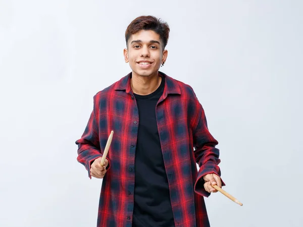 Portrait Shot Attractive Young Teenage Musician Holding Drumsticks Studio Young — Stock Photo, Image