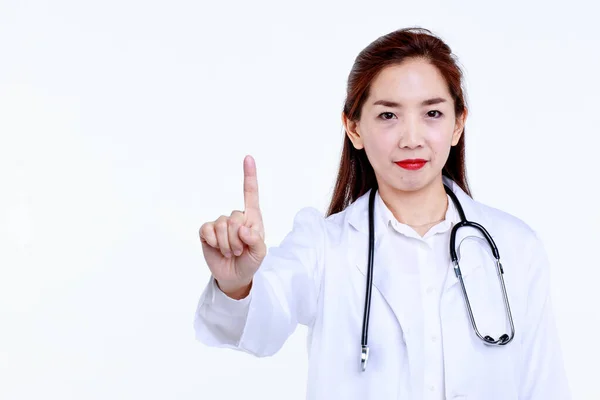 Selbstbewusste Junge Asiatische Medizinerin Uniform Mit Stethoskop Die Mit Zeigefinger — Stockfoto