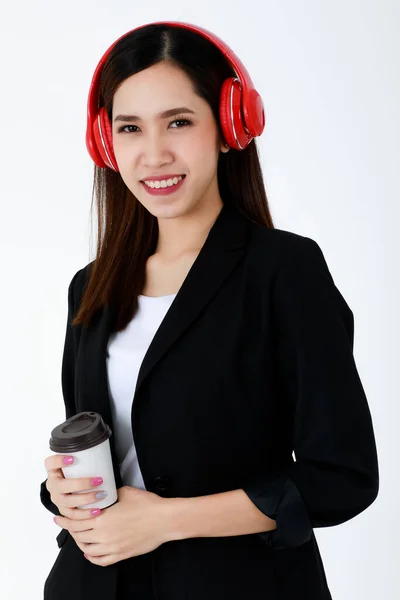 Retrato Mulher Negócios Adorável Asiática Vestindo Terno Preto Formal Fone — Fotografia de Stock