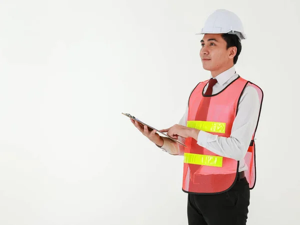 Asian Architectural Engineer White Shirt Red Tie Wearing White Safety — Stock Photo, Image