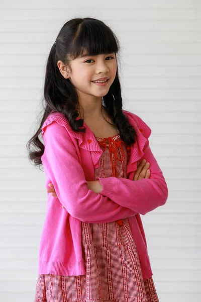 Little Adorable Sweet Cheerful Asian Girl Wearing Pink Clothes Pretty — Stock Photo, Image