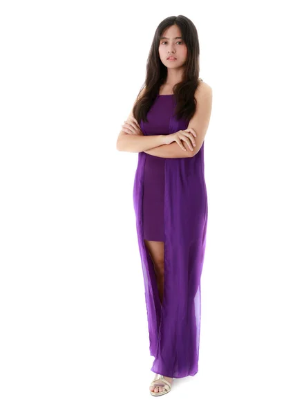 Charming Ethnic Female Long Purple Dress Standing Crossed Arms White — Stock Photo, Image