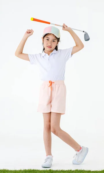 Retrato Isolado Estúdio Tiro Muito Bonito Pouco Asiático Golfista Esporte — Fotografia de Stock