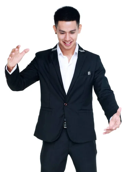 Lustiges Porträt Eines Smarten Jungen Gesunden Geschäftsmannes Auf Schwarzem Anzug — Stockfoto