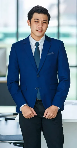 Confident Asian Male Entrepreneur Formal Suit Standing Fingers Pocket Modern — Stock Photo, Image