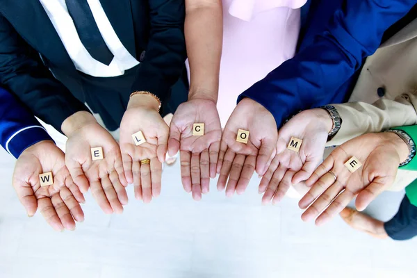 Studio Colpo Piccolo Cubo Legno Blocco Lettere Benvenuto Alfabeti Tenere — Foto Stock