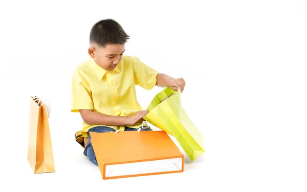 Cutout Portrait Little Asian Boy Yellow Shirt Blue Jeans Happily — Stock Photo, Image