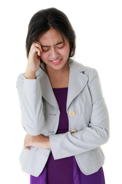Infeliz Asiático Mujer Sufriendo Dolor Cabeza Tocando Cabeza Blanco Fondo — Foto de Stock