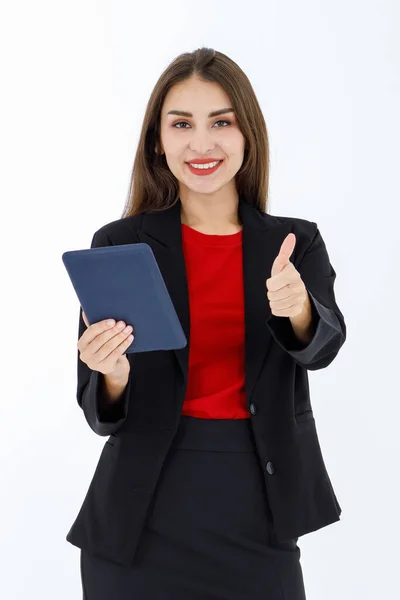 Portrait Cute Mature Businesswoman Wearing Black Office Suit Holding Tablet — Stock Photo, Image