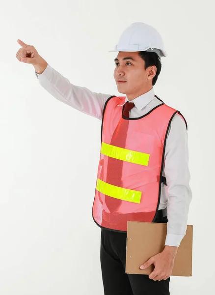 Retrato Jovem Engenheiro Vestindo Jaqueta Segurança Laranja Capacete Branco Segurando — Fotografia de Stock