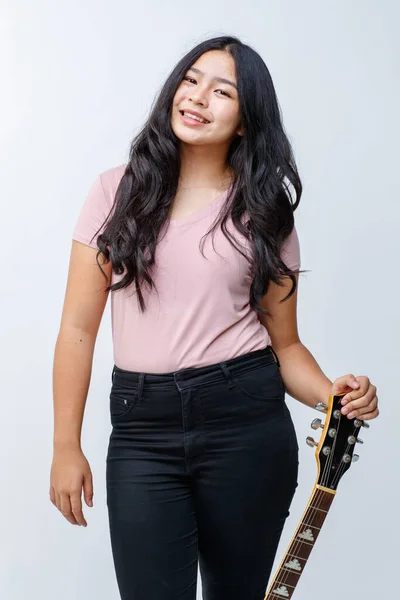 Portrait Shot Young Female Teenager Holding Guitar Floor Professional Junior — Stock Photo, Image