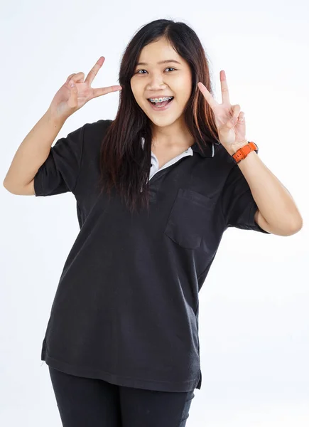 Young Cute Asian Woman Standing Show Fingers Sign Two Hands — Stock Photo, Image