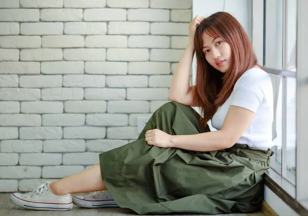 Portrait Youn Cute Pensive Asian Female Sitting Windowsill Self Confidence — Stock Photo, Image