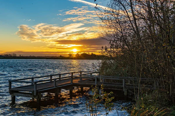 Abandoned Fishing Pier Water Lake Zoetermeerse Plas Beautiful Sunset — Stock Photo, Image