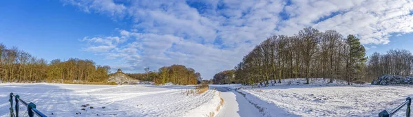 Panoramic photo of the snowy meadow and in the background the Seringenberg with the lookout tower in the De Horsten park in Wassenaar