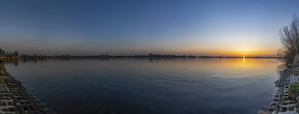 Panorama 180 Degrés Coucher Soleil Avec Belles Couleurs Lac Zoetermeerse — Photo