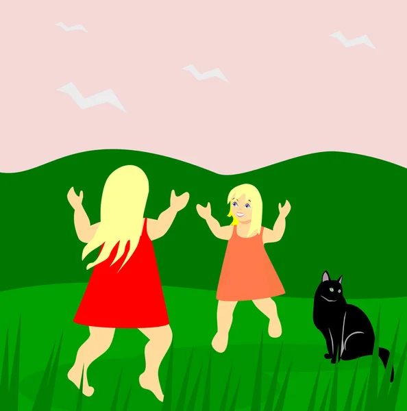 Girls and Cat. — Stock Photo, Image
