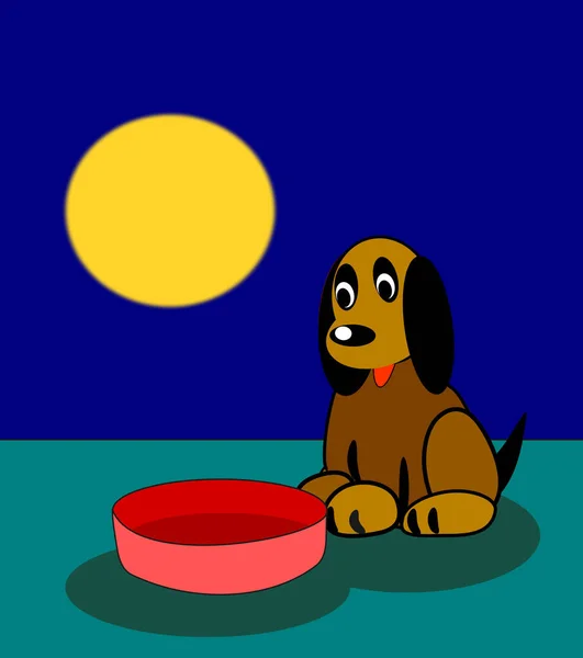 Small Brown Dog Long Black Ears Sitting Empty Food Dish — Stock Photo, Image
