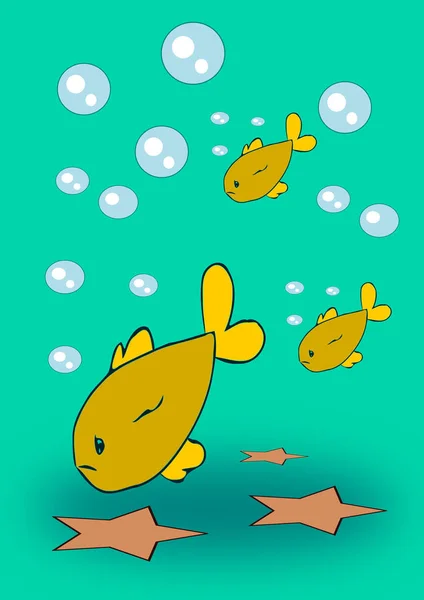 Tři Ryby Plavou Zelené Vodě Mají Mnoho Bublin Vypadají Naštvaně — Stock fotografie