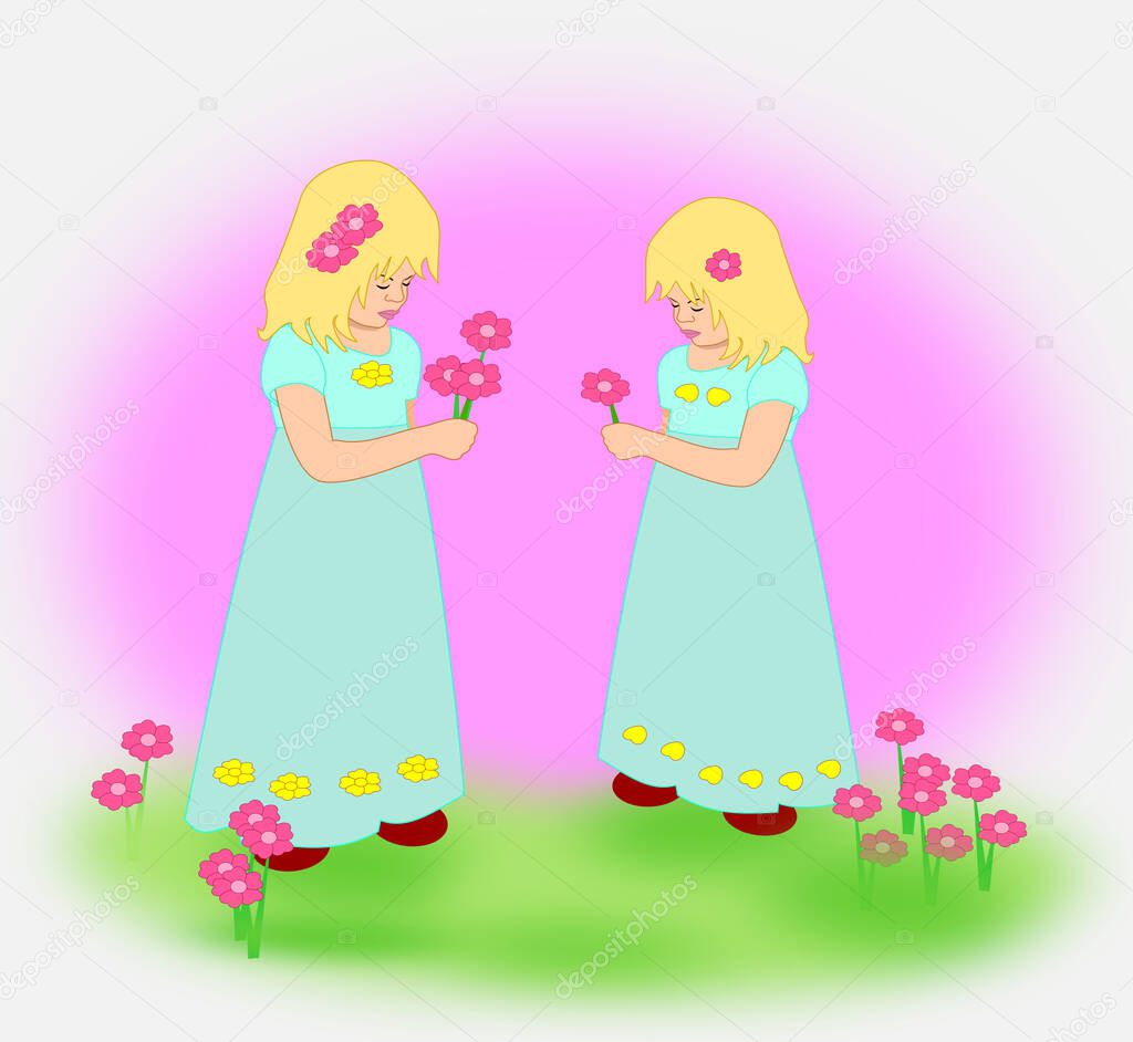 Identical twin sisters with blonde hair and turquoise blue dresses, standing in a meadow, with flowers in their hands.