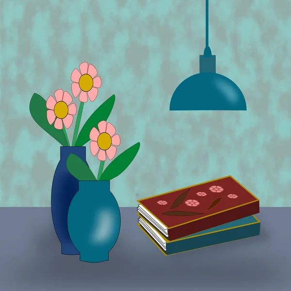 Vase with flowers and books — Stock Photo, Image