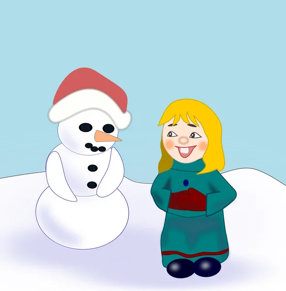 Grappig meisje en Snowman — Stockfoto