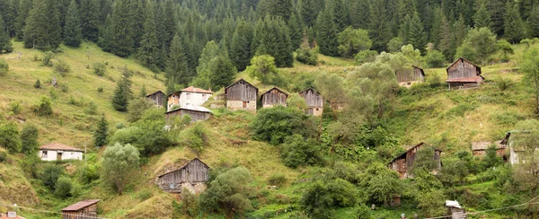 Ülke outbuildings (kulübe) bulutlu havalarda Rodop Dağları'nın dik yamaçlarda iğne yapraklı orman — Stok fotoğraf