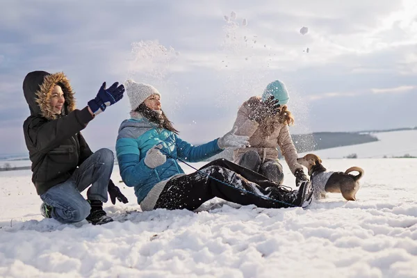 Aile Kış Boyunca Karda Yünlü Giysiler Içindeki Küçük Köpeği Gezdirir — Stok fotoğraf