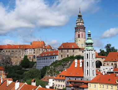 Çek Cumhuriyeti 'nin ünlü UNESCO anıtı olan Vltava nehri üzerinde Bohemya' nın güneyinde yer alan tarihi bir kasaba olan Cesky Krumlov 'un manzarası