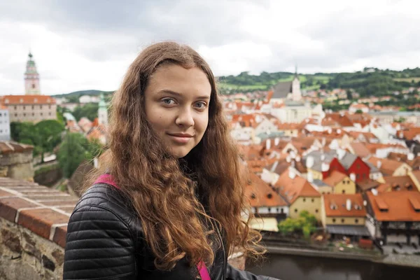 Young Girl Takes Selfie Photo Background Historic Town City Czech — Stock Photo, Image