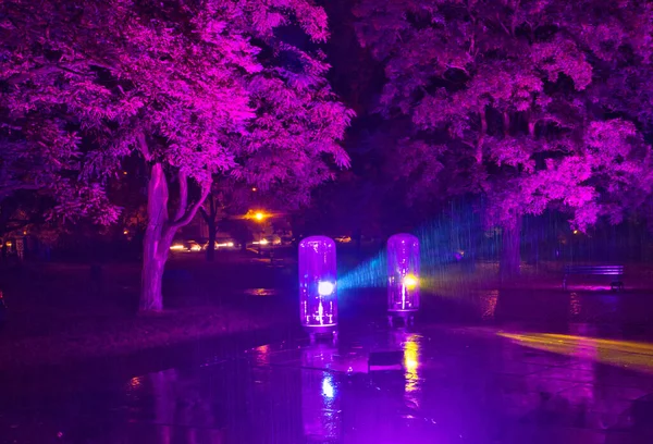 Gecenin ışıklarının moru. Lodz, Polonya - 20 Eylül 2016 Işık Sanat Festivali sırasında Lodz 'daki şehir parkında olağanüstü bir ışık gösterisi.