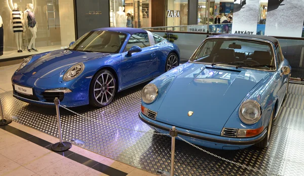 PRAGUE - APRIL 14: Two generations of Porsche 911 Targa Stock Photo