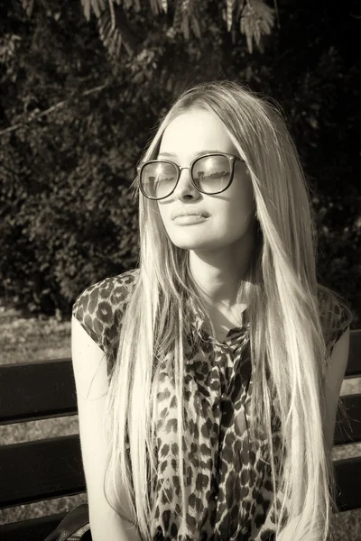 Portrait of a blonde in leopard jacket — Stock Photo, Image