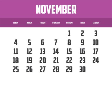 2029 yılı, Kasım ayı basit vektör illüstrasyon takvimi tasarımı