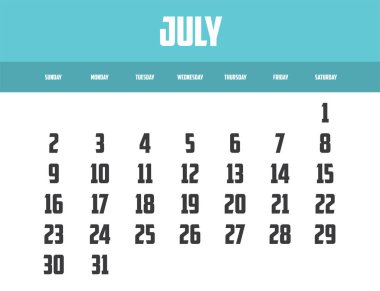 2028 yılı vektör takvim şablonu, Temmuz ayı
