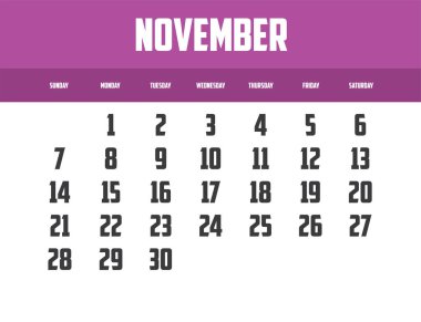 2027 yılı, Kasım ayı vektör takvimi tasarımı