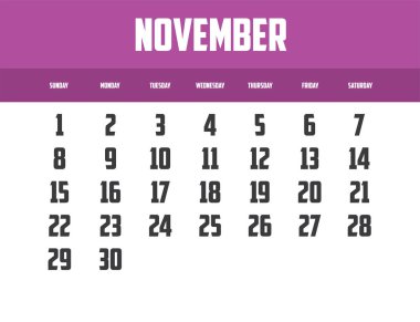 2026 yılı, Kasım ayı basit vektör illüstrasyon takvimi tasarımı