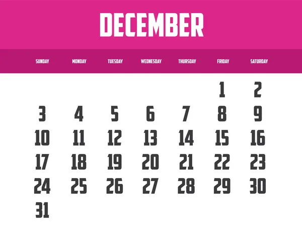 Vector Calendar Template Year 2028 Month December — Stock Vector