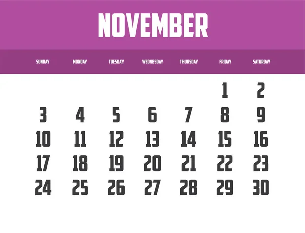 2024年11月的简单矢量插画日历设计 — 图库矢量图片
