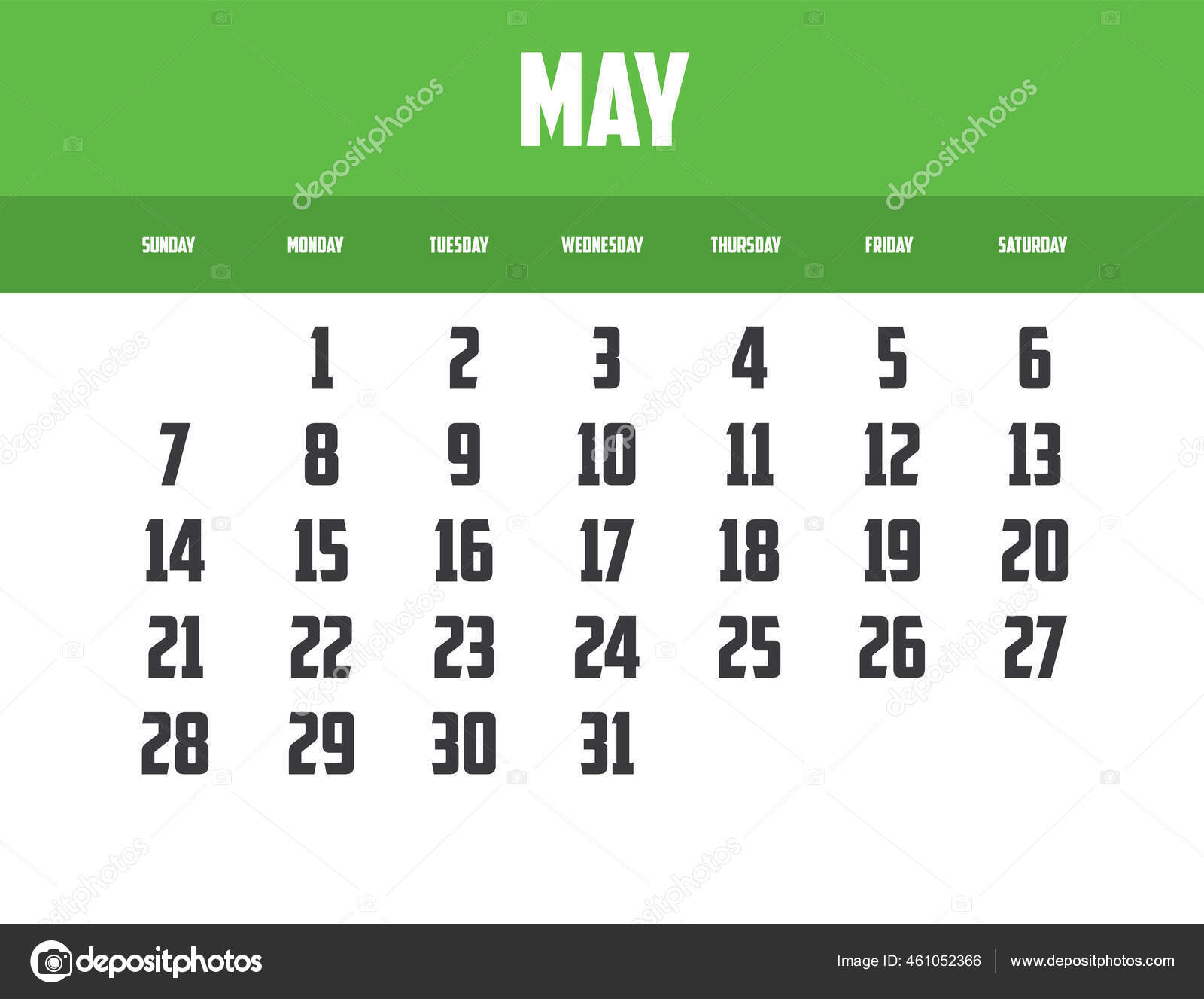 Vector Calendar Template Year 2028 Month May Stock Vector by ©PaulStringer  461052366