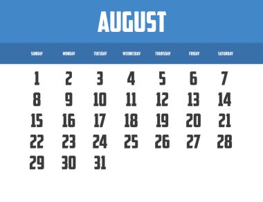 2027 yılı, Ağustos ayı vektör takvimi tasarımı