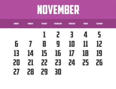 2022 yılı, Kasım ayı basit vektör illüstrasyon takvimi tasarımı