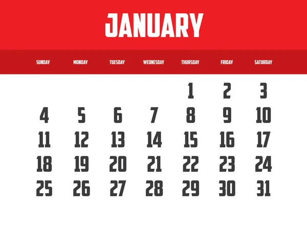 Simple Vector Ilustración Calendario Diseño Del Año 2026 Mes Enero — Vector de stock