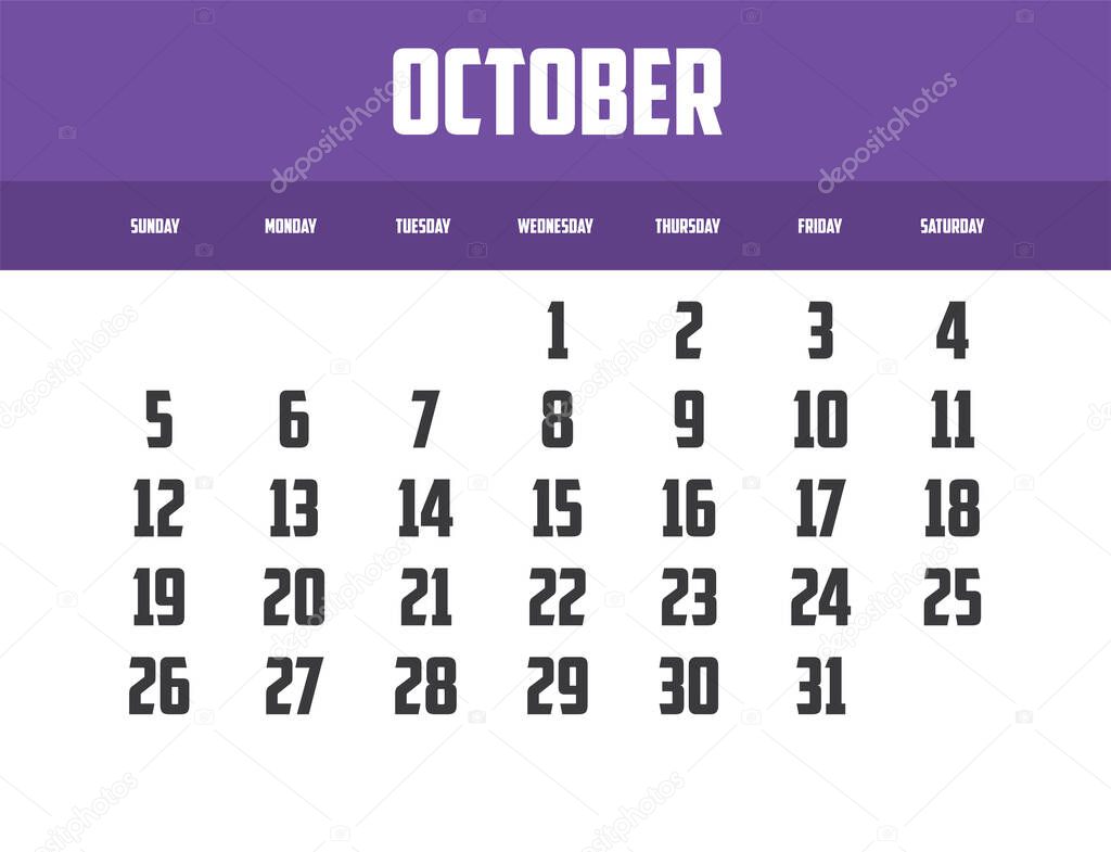 diseño del calendario vectorial del año 2025, mes de octubre 2023